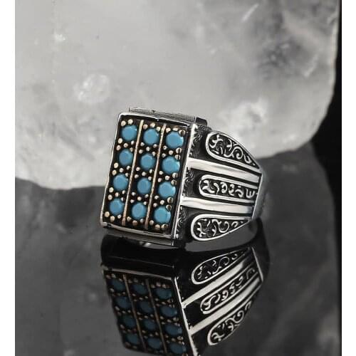 925 Sterling Silver Ring for Men Blue Natural Turquoise Stone, Jewelry Fashion Vintage Gift Onyx Aqeq Mens Rings All Size