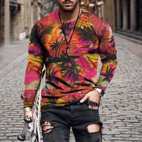 2021Summer Autumn New Street Hip-Hop Round Neck Long-Sleeved T-shirt Tree landscape Printing Casual Tee Men/Women XXS-4XL