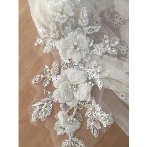 Haute Couture Rhinestone Beaded 3D Flower Lace Applique Bridal Hair Flower Wedding Headpiece Cape Veil Patch Motif