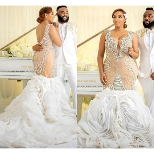 Mermaid African Wedding Dresses 2021 Luxury Crystal Beaded Cascading Ruffles Trumpet Plus size Bridal Gowns vestidos de novia