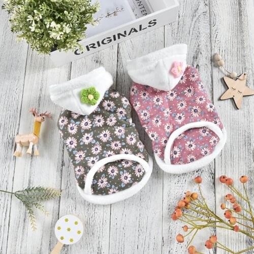 Warm Fleece Lined Dog Jacket Winter Dog Clothes For Puppy Cold Weather Cute Daisy Floral Hoodies Corduroy Coat Hooded Jacket