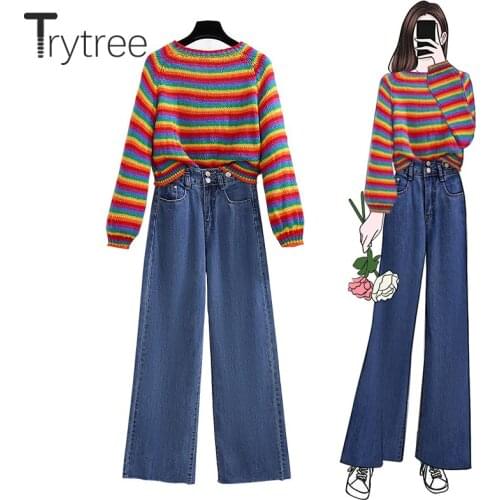 Trytree 2020 AW Tow Piece Women Sets Casual Colored Striped Short Sweater + Jeans Wide Leg Demin Pants Young Style 2 Piece Set