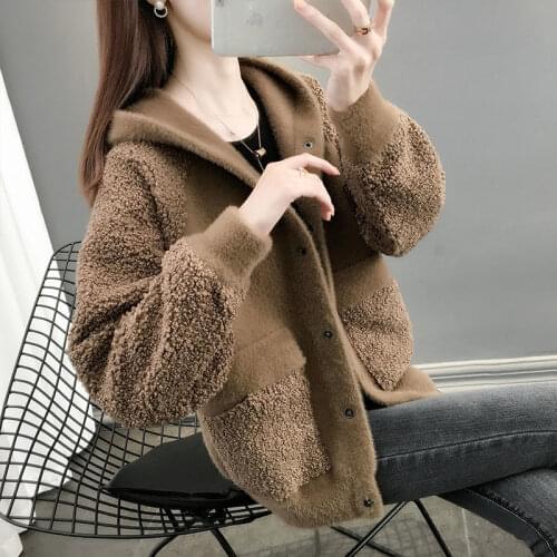 Women 2021 Spring Autumn New Imitation Water Velvet Knitted Cardigan Female Hooded Loose Mink Sweater Lady Solid Cardigans R278