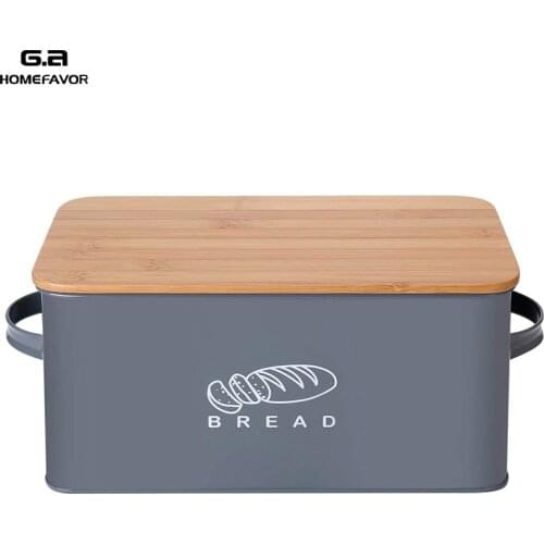 Storage Box With Bamboo Cutting Board Lid Bread Box Metal Galvanized Organization Snack Box Bread Bin Kitchen Food Containers