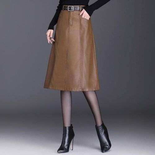 2020 Winter Fall Fashion Women Clothes , High Waisted A Line Mid Calf Pu Leather Skirt 4xl Korean Style Casual Skirts for Woman