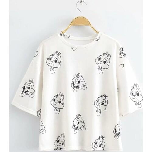 Disney Cartoon Chip and Dale Shirts for Women Print Round Neck Short-sleeved Women Fashion Clothing Graphic T-Shirts Harajuku