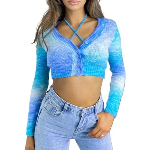 Autumn New Women Gradient Knitted Cardigan Crop Tops Casual Chic Long Sleeve V-Neck Buttons Sweaters Outerwear Female Clothes