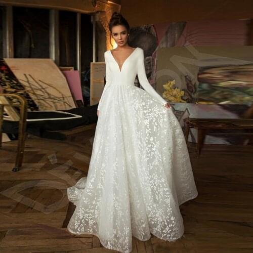 Elegant Backless Stain Lace Wedding Dress Long Sleeve White Design Bridal Gowns Vestido de Novia With Covered Button