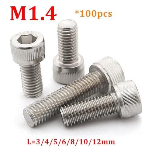 100pcs DIN912 M1.4 Hex Socket Head Cap Screw Allen Machine screw bolt 304 stainless steel M1.4*3/4/5/6/8/10/12mm
