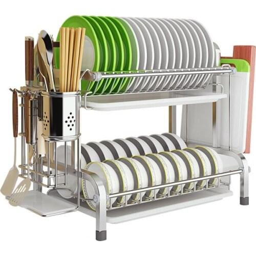 2 Tier Stainless Steel Bowl Plate Dish Drainer Drying Rack with Cutlery Holder Kitchen Cutlery Drain Rack Utensils Storage