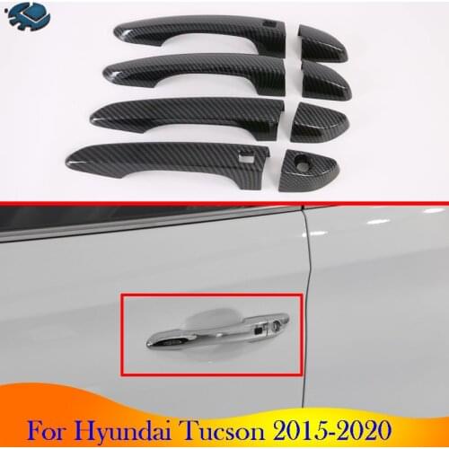 For Hyundai Tucson 2015-2020 Car Accessories Carbon Fiber Style Door Handle Cover With Smart Key Hole Catch Cap Trim Molding