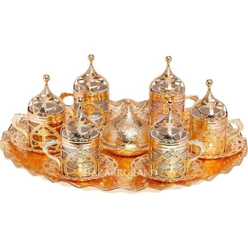 WHITE-YELLOW-MINI-ANTIQUE COPPER-ANTIQUE YELLOW HÜRREM PATTERNED CHIC PRESSED SIX-PERSON TEA-COFFEE DRINK SET