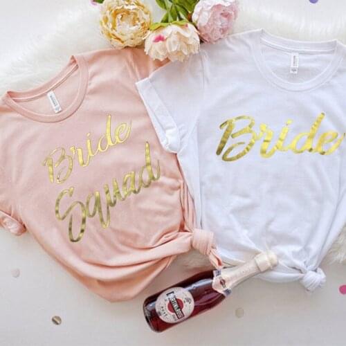 Bride Squad Women Shirt Fashion Bachelorette Party Tshirt Gold Letter Cotton O Neck Lady Tshirt Plus Size Short Sleeve Top Tees