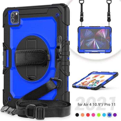 Case For iPad pro 11 2021 2020 2018 / iPad Air 4 10.9 Tablet Silicone 360 Rotatable Kickstand with Neck Strap Caver+Film+Pen