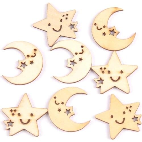 50pcs Natural moon and star pattern wooden Scrapbooking Carft for Home decoration diy Handmade decoration 24-27mm MT1704