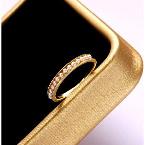 UBESTNICE Real 9K Yellow Gold Natural Freshwater Peals Channel Setting Trendy Simple Thin Rings Fine Jewelry For Women All-match