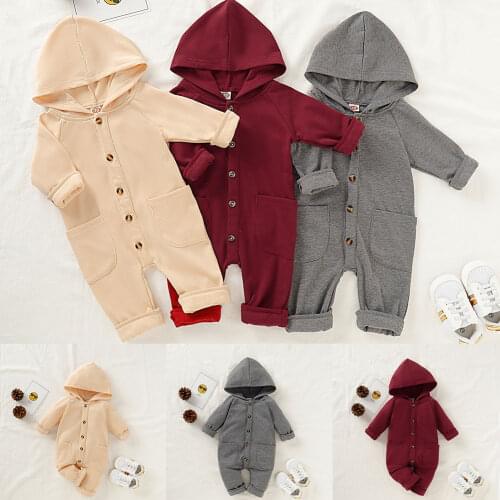 Baby Autumn Clothing Spring GirlsSolid Long Sleeve Hooded Boy Button Pockets Romper Kid Winter Warm Rompers