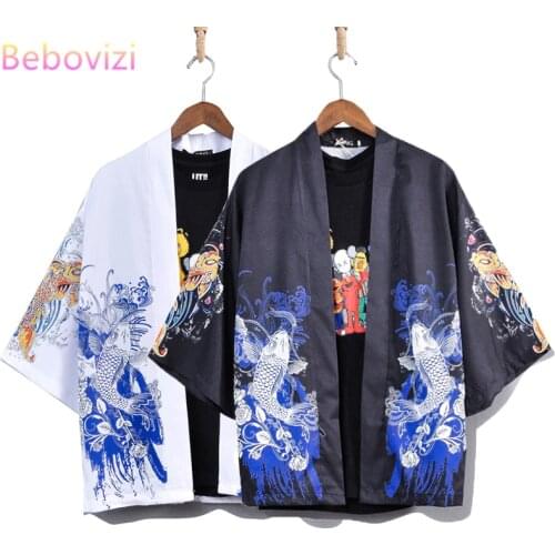 M-XXL Harajuku Japanese Kimono Men and Women Neutral Fashion Douga White Black Carp Printing Loose Street Style Cosplay
