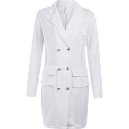 Fashion Solid Color Women Long Sleeve Double Row Button Slim Coat Outerwear