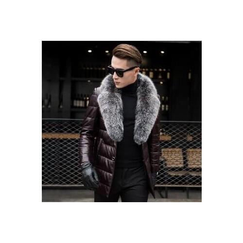 2019 New Mens Genuine Sheepskin Leather Down Coat With Natural Silver Fox Fur Collar Black Real Leather Jacket Outerwear Winter