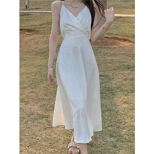 French Midi Femme Robe Backless Sexy Summer Woman Dress Spaghetti Strap Sleeveless Sundress Sweet Gril Holiday Beach Vestidos