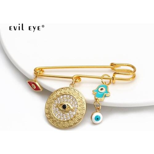 EVIL EYE Fatima Hand Micro Pave Zircon Turkish Evil Eye Brooch Pin Gold Color Copper Brooch Jewelry for Women Girls BE150
