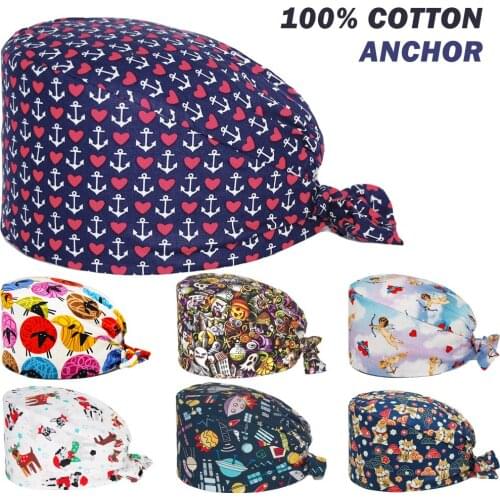 Unisex Scrubs Cap pure Cotton Anime Printing Nursing Hats Adjustable Tie Back Beauty Salon Pet Shop Lab Working Surgicals Caps