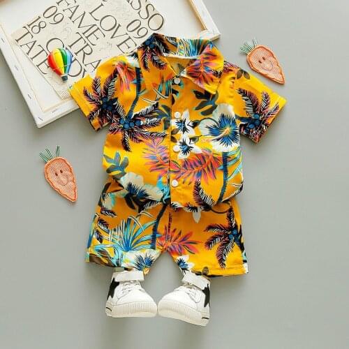 Yellow Stylish Boys Sets Summer Hawaii Beach Vacation Shirt + Shorts Cotton Quality Kids Outfit Chidlrens Clothes
