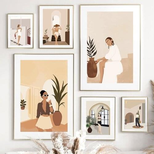 French Woman Coconut Tree Boho Abstract Wall Art Canvas Painting Nordic Posters And Prints Wall Pictures For Living Room Decor