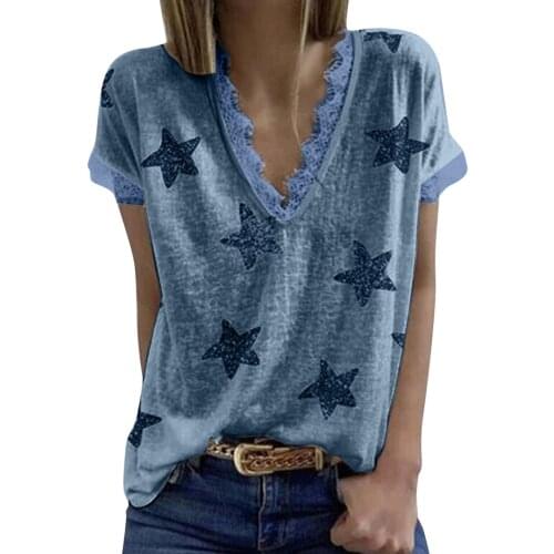 Summer T-shirt Women Lace-up Short Sleeve Tops Casual Five-pointed Star Print Tshirts Tees Harajuku Beach Style V-neck T-shirt