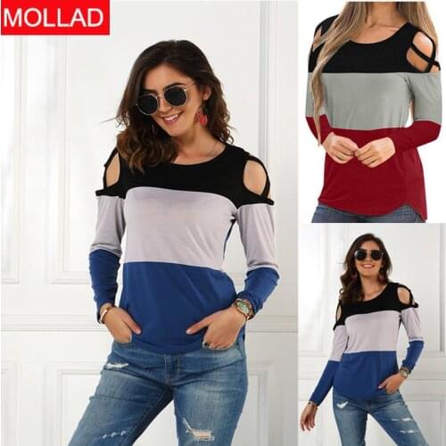 Womens Clothing 2021 Spring/Summer Strap off-the-Shoulder Long Sleeve Color Matching T-shirt
