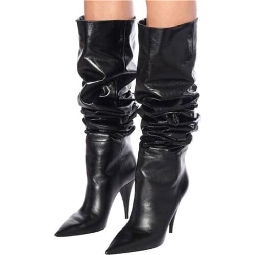 Pleated Knee Boots Women Slip On Thin High Heels Shoe Pointed Toe Ladies Slouchy High Boot Fashion Shoe Retro Sexy Large Size 45