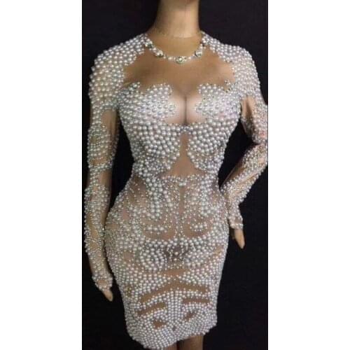 2019 New Female Singer Festival Party Host Pearl Short Bag Hip Stage Skirt Women Evening Party Elegant Jumpsuit DJ348