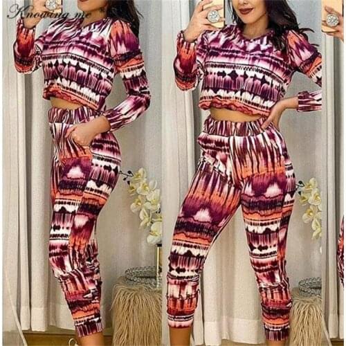 Women Autumn Tie dye Tracksuit set Summer Crop top and Ankle length pants 2pcs set 2021 Elegant Spring long sleeve pullovers 2XL