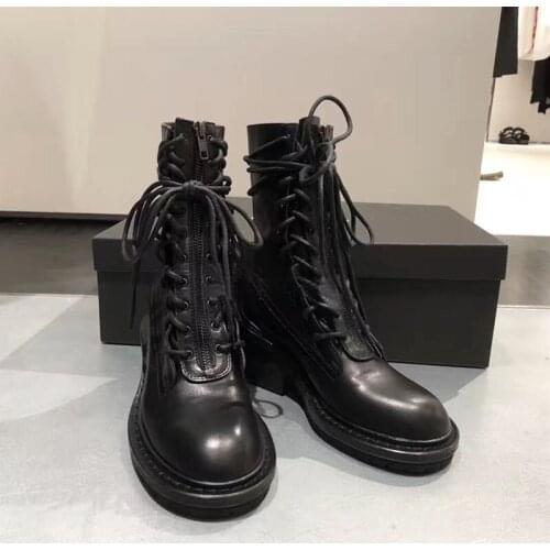 Winter Boots Woman Lace Up Shoes Woman Zipper Botas Mujer Mid calf Zapatos De Mujer Falt Martin Boots Retro Ladies Shoes
