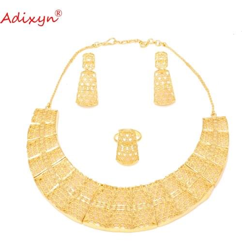 Adixyn Dubai Necklace Earrings Ring Jewelry Set for Women Gold Color Jewelry Ethiopian/Arab Wedding/Party Gifts N1021M1