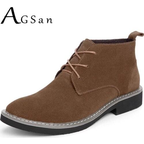 AGSan Men Chelsea Boots Ankle Boots Genuine Leather Casual Shoes Winter Plush Shoes Lace Up Warm Footwear Brown Black Botas