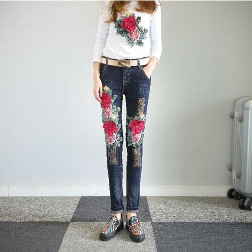 Womens Korean Fashion red peony embroidery slim jeans Female Sexy Jeans Plus Size Pencil Pants TB3209