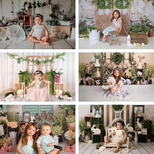 Avezano Photography Backdrops Spring Easter Green Plants Wood Door Rabbit Background Baby Shower Portrait Photo Studio Photocall