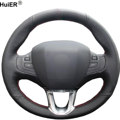 HuiER Hand Sew Car Steering Wheel Cover Black Leather For Peugeot 208 Peugeot 2008 Breathable Steering-wheel Auto Accessorie