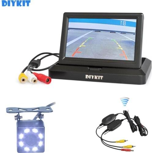 DIYKIT Wireless 5" Backup HD Car Monitor Reversing Car LED Camera Color Night Vision Rear View Mirror HD Camera Kit Security