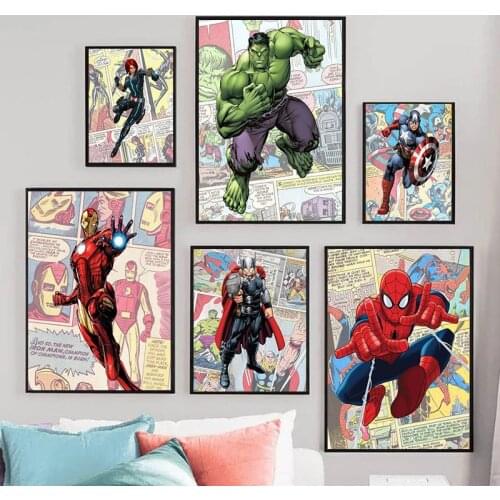 Marvel Superhero Canvas Painting Popular Comic Spiderman Captain America Iron Man Posters and Wall Art Pictures Kids Room Decor