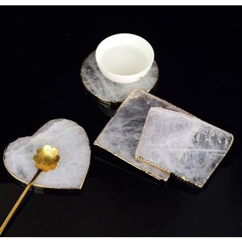 Gems Craft Pad Rock Quartz Heart Shape slice Natural Stone Electroplated gold Edge Crystal Coaster Cup Beverage Holder Mat decor