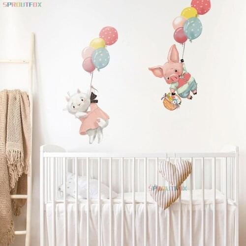 Colorful Balloon Pig Cat Wall Stickers for Baby Kids Rooms Bedroom Decoration DIY Cute Animal Decals Door Waterproof Stickers