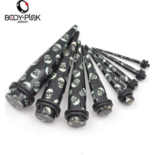 BODY PUNK 9Pcs Acrylic Print Sugar Skull Bulk Lot Tapers Stretcher Ear Expander Kit Plug Tunnel Set Black 2mm-12.7mm TPR 001