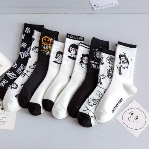 2020 New Autumn Black and White Sports Women Socks Cotton Cute Winter Socks Women Kawaii printed socks japanese fashion sock