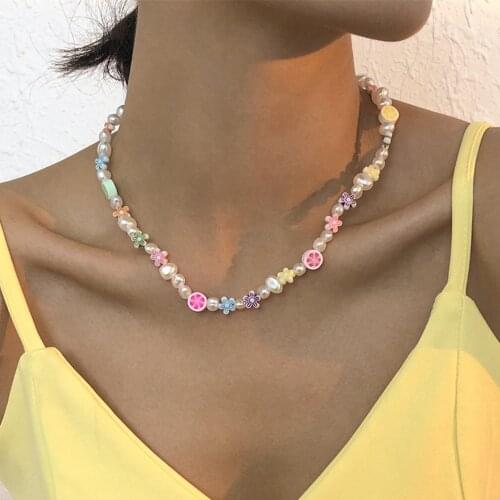 DIEZI Ethnic Sweet Baroque Imitation Pearl Beads Necklace Bohemian Fashion Flower Choker Chain Necklaces Girls Women Jewelry