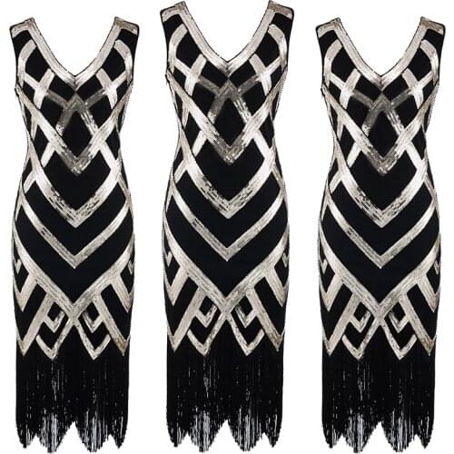 S-XL Flapper Womens Vintage 1920s Sequin Beaded Tassels Hem Flapper Dress Women Cosplay Costume Prom Dress