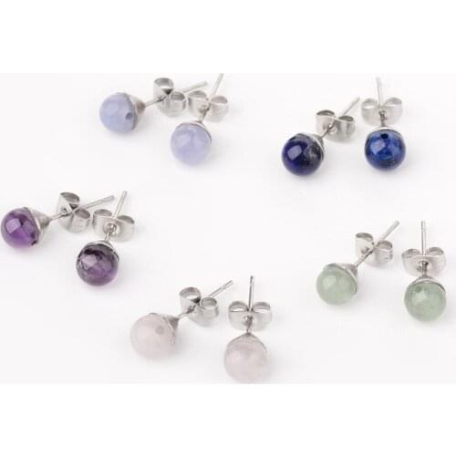 30 Pairs 304 Stainless Steel Stud Earring Findings with Round Natural Stone Beads Earring Plug Ear Back for DIY Jewelry Making