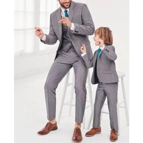 Grey Parent Child Dress Suits Fashion Family Matching Suit Formal Tuxedo Groom Wedding Suits For Men Kids Party Prom Blazer Suit